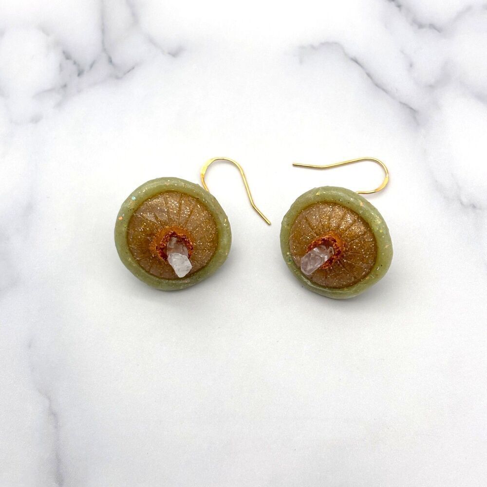 Green Mushroom Quartz Crystal Earrings | Polymer Clay Dangle with Moon and Star - Picture 10 of 10